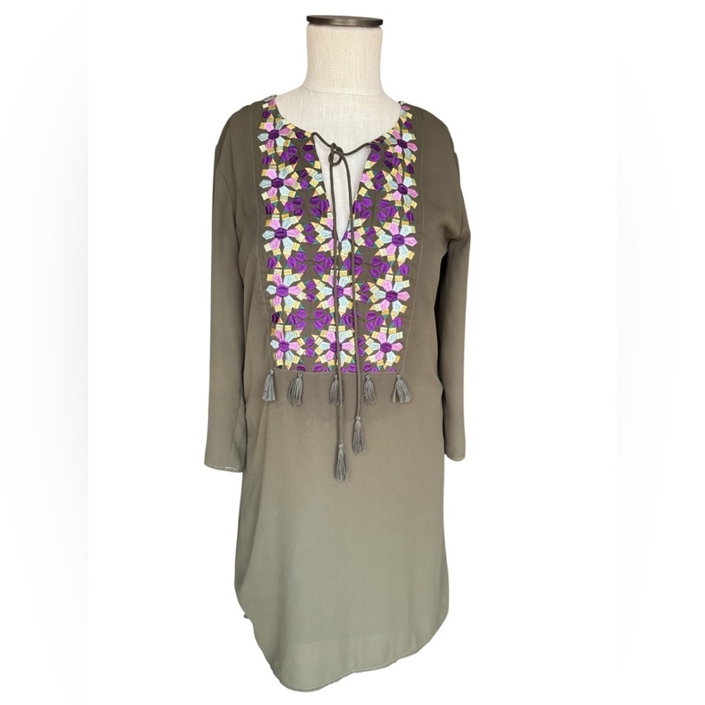 Elaine Turner Olive Green Embroidered Tassels Knee Length Sheath Dress Sz XS